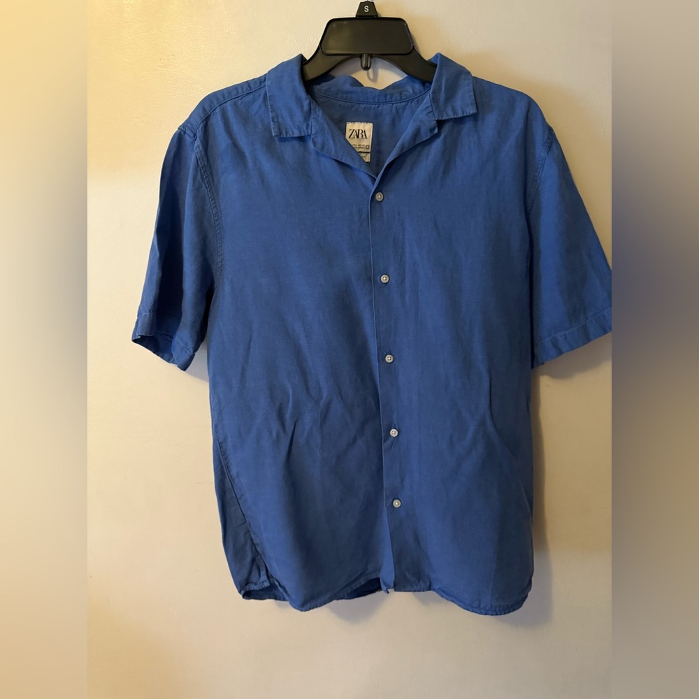 Zara Men's Vibrant Blue Button-Down Shirt